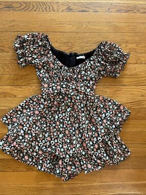 Floral Puff-Sleeve Altar'd StateDress/Romper in Black and Peach/Multi